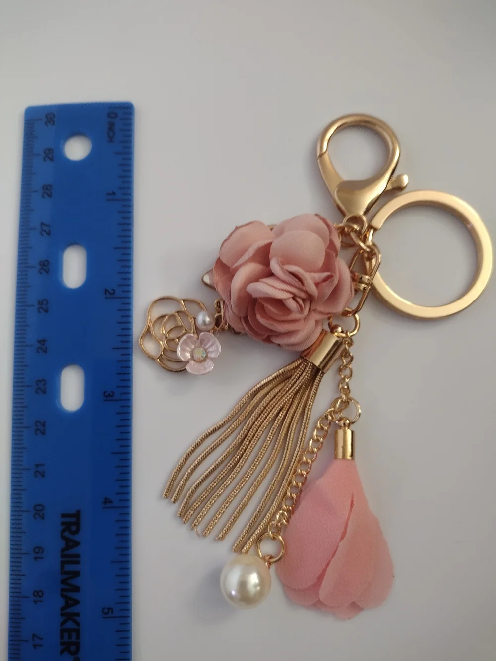 Pink Rose Flower Tassel Keychain Purse Charm Gold Tone Pearl Bag Charm
